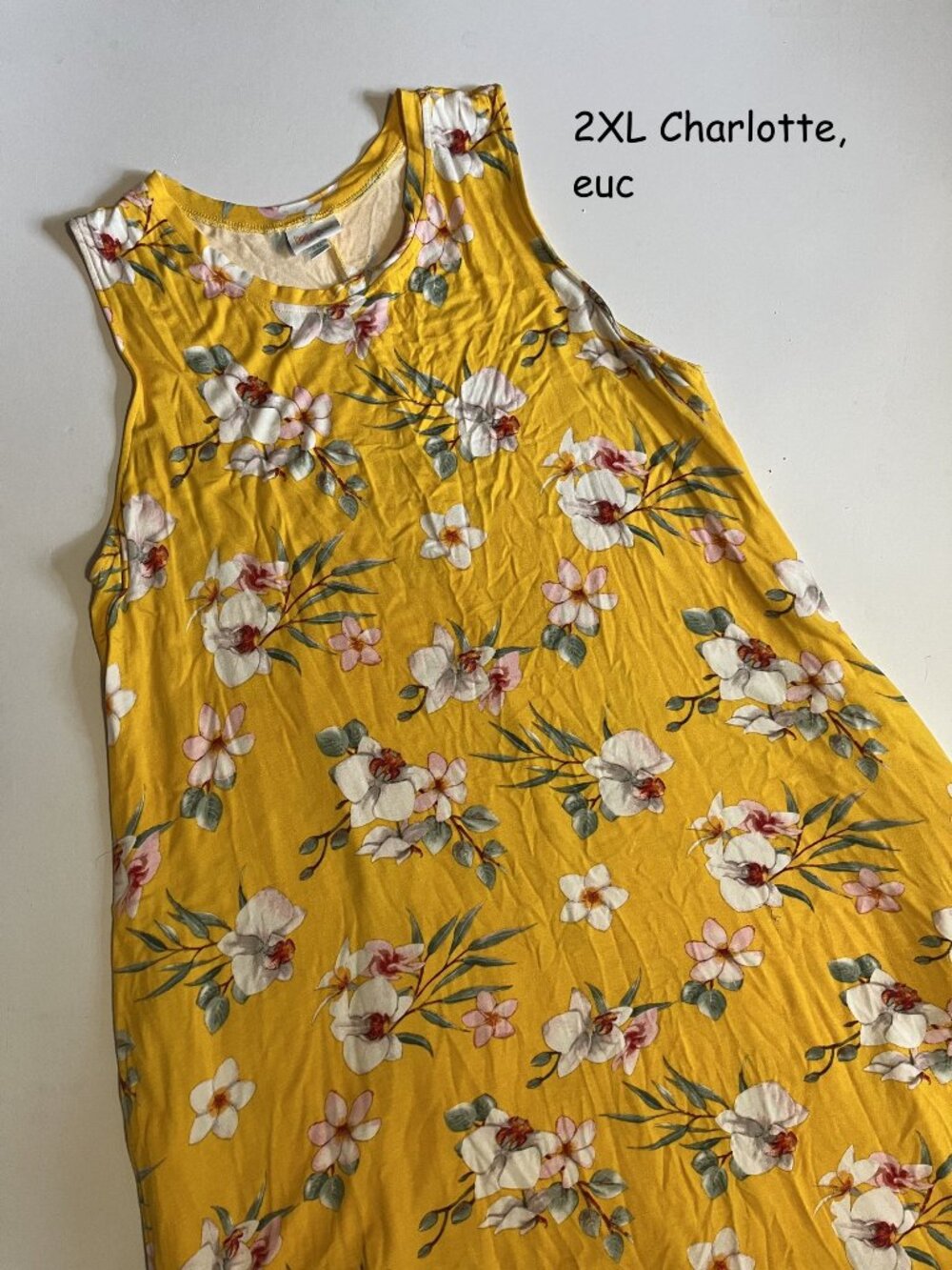 2XL Lularoe Charlotte tank swing dress, yellow with white pink orchid flowers
